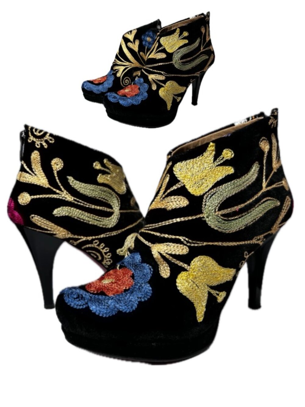 ROCKWELL THARP Velvet Black Heel Colorful Floral Embroidered Ankle Boots SZ 7